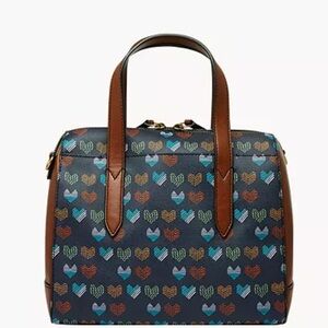 Fossil Rachel Satchel- Brown/Blue with Multi Heart